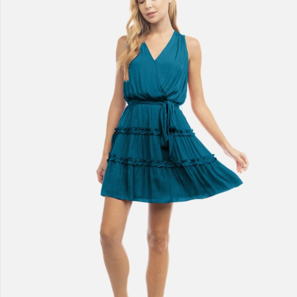 Naked Zebra Teal Sleeveless V-Neck Tiered Mini Dress